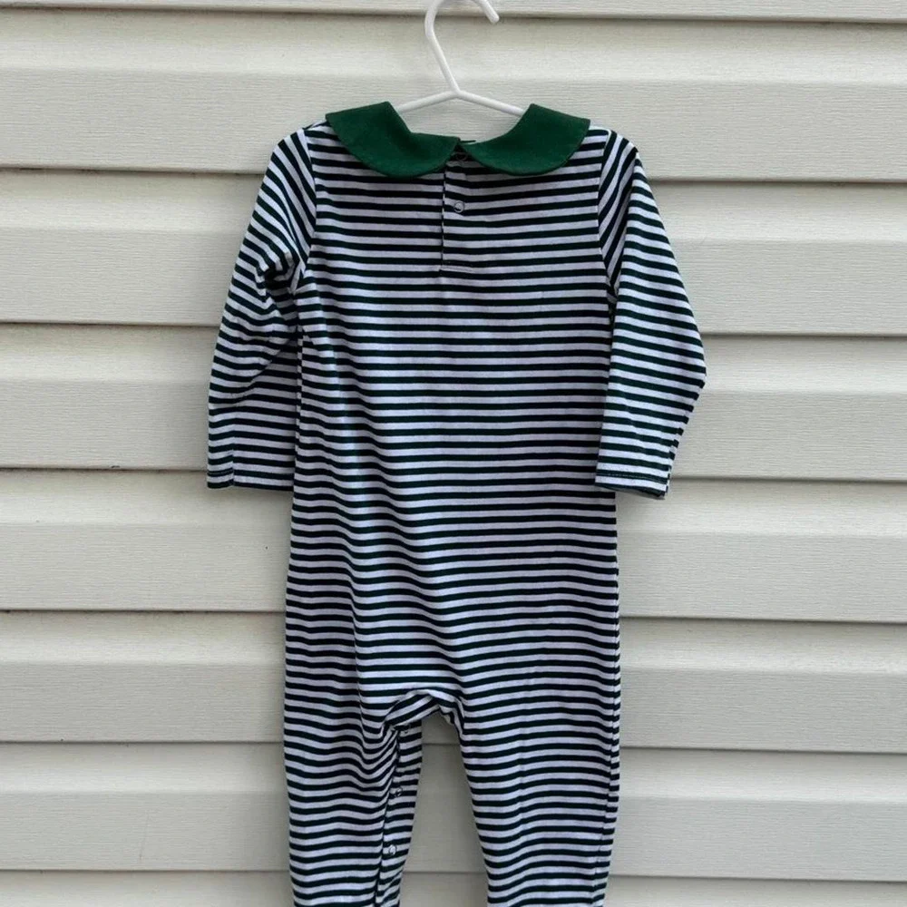 Stitchy Fish white & blue striped romper with green collar